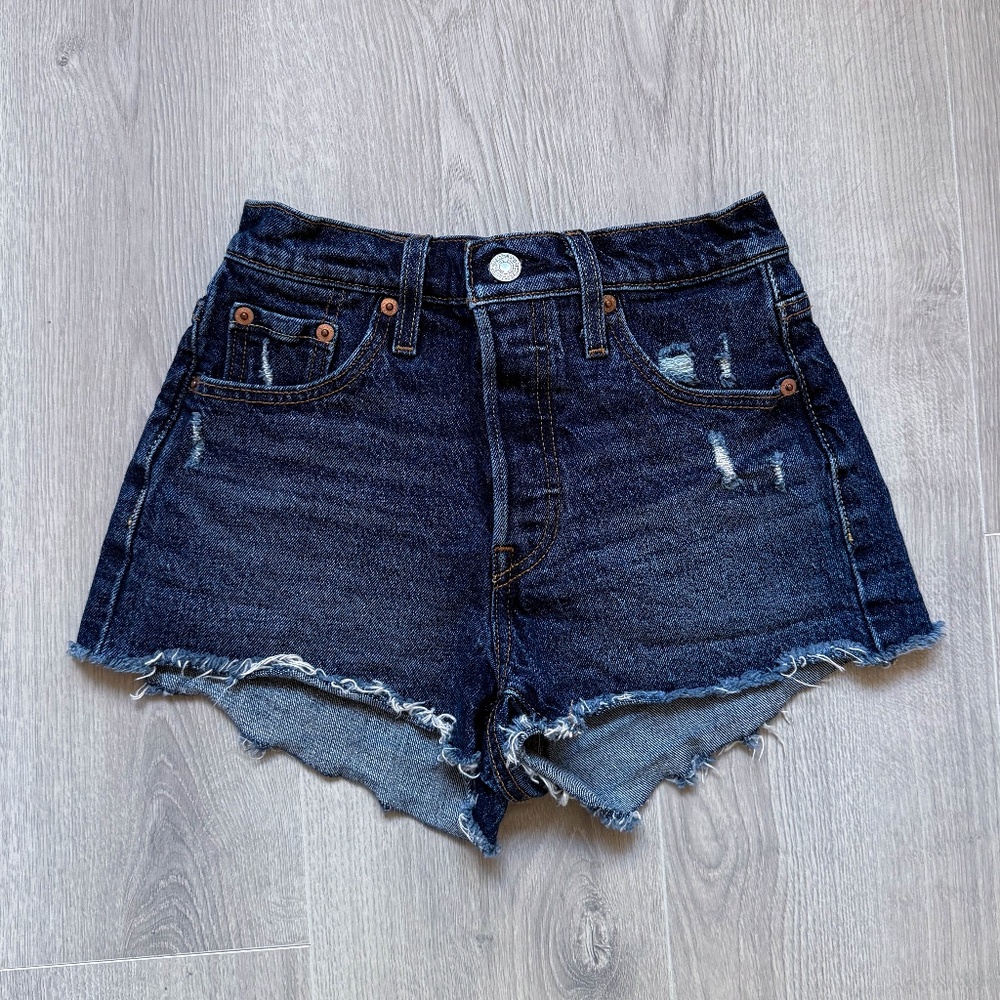 High-Rise Distressed Denim Shorts - Dark Blue